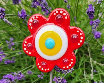 Glassworks Northwest - Red Button Flower Plant Stake - Fused Glass Garden Art, Garden Art Outdoor, Outside Decoration, Rainbow