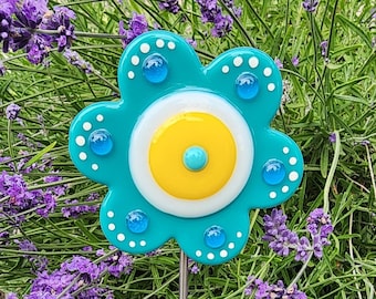 Glassworks Northwest - Peacock Blue Button Flower Plant Stake - Fused Glass Garden Art, Garden Art Outdoor, Outside Decoration, Rainbow