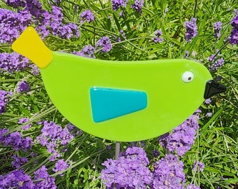 Glassworks Northwest - Green Bird Stake - Fused Glass Garden Art, Garden Art Outdoor, Garden Art Glass