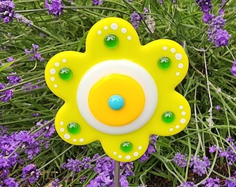 Glassworks Northwest - Lemongrass Button Flower Plant Stake - Fused Glass Garden Art, Garden Art Outdoor, Outside Decoration, Rainbow