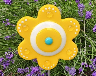 Glassworks Northwest - Yellow Button Flower Plant Stake - Fused Glass Garden Art, Garden Art Outdoor, Outside Decoration, Rainbow