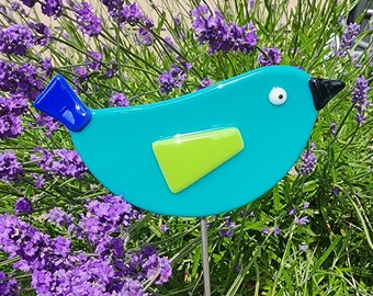 Glassworks Northwest - Peacock Bird Stake - Fused Glass Garden Art, Garden Art Outdoor, Garden Art Glass