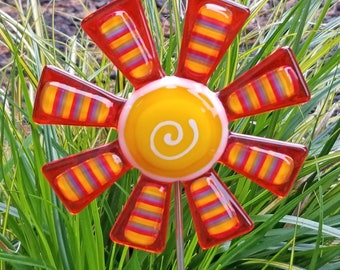 Glassworks Northwest - Orange Flower with Rainbow Stripes Plant Stake - Fused Glass Garden Art