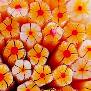 May include: Close-up of a collection of glass rods with floral designs. Each rod features a yellow flower with black outlines and a red center. The background is a warm orange hue, creating a vibrant and artistic display.
