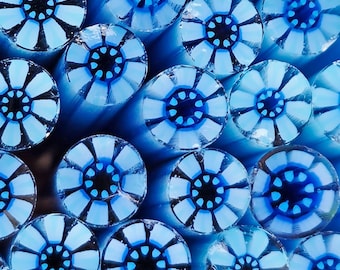 NEW COE 90 Murrini Flower Murrini: Drooling - 1 oz Cane/Sticks - White and Turquoise Petals, Transparent Aqua Centers w/ White Dots