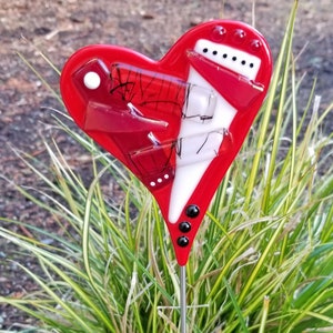 Glassworks Northwest - Large Plant Stake Heart Red Funky - Fused Glass Garden Art