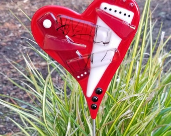 Glassworks Northwest - Large Plant Stake Heart Red Funky - Fused Glass Garden Art