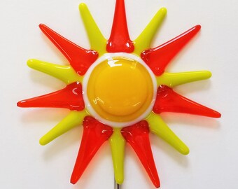 Glassworks Northwest - Color Burst Plant Stake Orange and Lemongrass - Fused Glass Garden Art, Yard Decor, Plant Poke, Outdoor Decoration