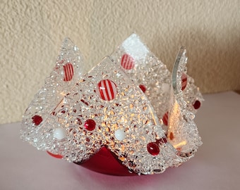 Glassworks Northwest - Holiday Votive Red and White - Fused Glass Candleholder, Tealight Holder, Romantic Gift