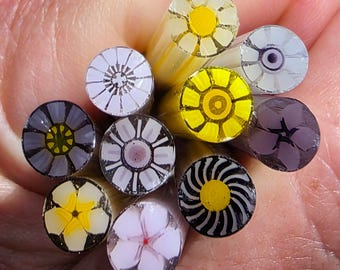 COE 96 Handmade Floral Murrini Mix "Purples Pinks Yellows" | 1.5 oz Cane | Oceanside Compatible Fusible Glass for Fusing, Jewelry, Etc