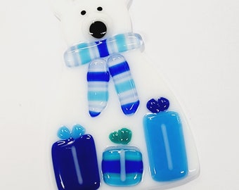 Glassworks Northwest - Bearing Gifts - Polar Bear with Blue Striped Scarf and Gifts - Fused Glass Ornament, Keepsake, Hanukkah