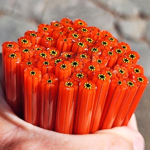 coe 96 Flower: Atomic Orange - 1 oz Murrini Murrine Millefiori Vitrigraph Cane- MINZABELLA MURRINI by Glassworks Northwest