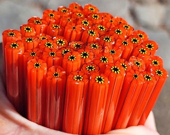 coe 96 Flower: Atomic Orange - 1 oz Murrini Murrine Millefiori Vitrigraph Cane- MINZABELLA MURRINI by Glassworks Northwest