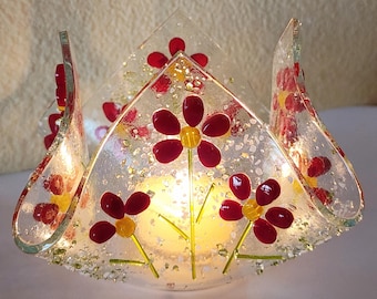 Fused Glass Votive: Red Flowers