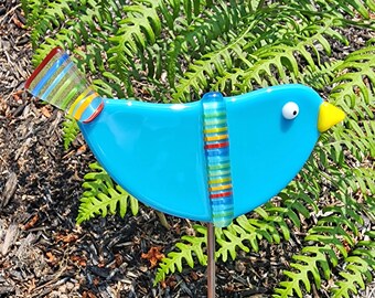 Glassworks Northwest - Small Blue and Rainbow Bird Stake - Fused Glass Garden Art, Garden Art Outdoor, Garden Art Glass