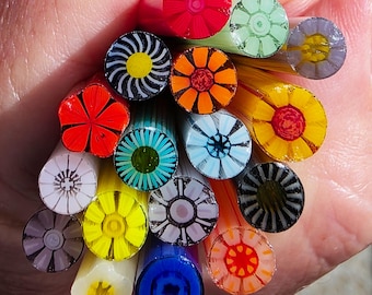 COE 96 Handmade Floral Murrini Mix "Rainbow of Colors" | 2.5 oz Cane | Oceanside Compatible Fusible Glass for Fusing, Jewelry, Mosaics