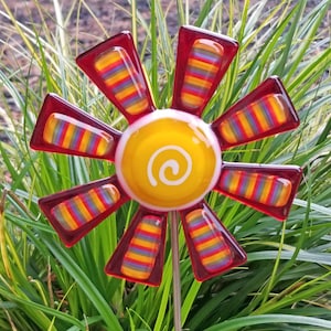 Glassworks Northwest - Red Flower with Rainbow Stripes Plant Stake - Fused Glass Garden Art