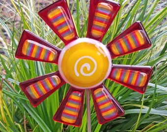 Glassworks Northwest - Red Flower with Rainbow Stripes Plant Stake - Fused Glass Garden Art