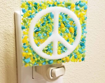 Glassworks Northwest - Peace Sign with Turquoise Green and Yellow Glass Chips Night Light - Fused Glass Art, Crushed Glass, Art Glass