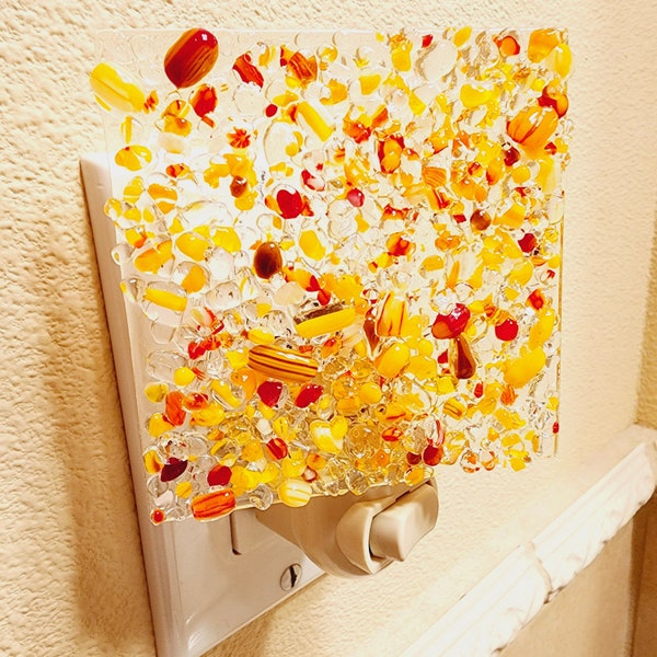 Glassworks Northwest - Gorgeous Yellow Orange Amber and Clear Night Light - Fused Glass Art, Recycled Glass, Crushed Glass, Nightlight