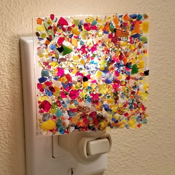 Glassworks Northwest - All the Colors Night Light - Fused Glass Art, Recycled Glass, Crushed Glass, Nightlight, Art Glass, Adult, Rainbow