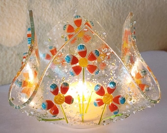 Fused Glass Votive: Orange & Blue Flowers