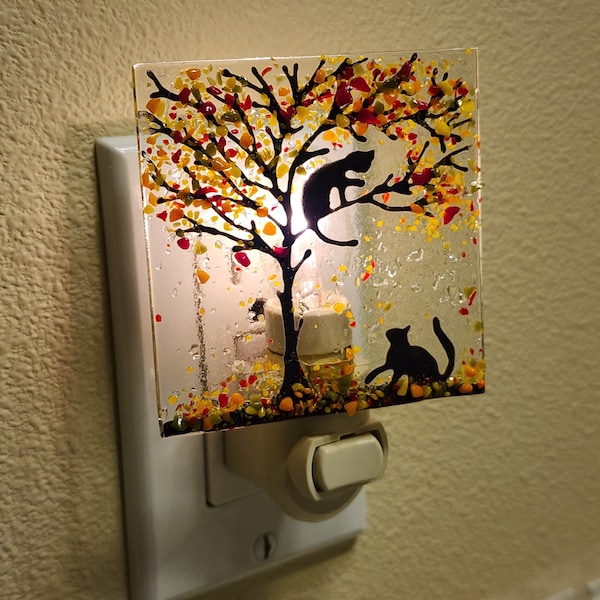 Glassworks Northwest - Two Cats Playing in Autumn Leaves Night Light - Fused Glass Art Night Light, Made in the USA, Halloween Night Light