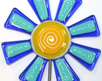 Glassworks Northwest - Brilliant Blue and Turquoise Flower Stake - Fused Glass Garden Art