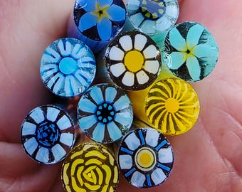 COE 90 Handmade Flower Murrini Mix "Blues Yellows" | 1.5 oz Cane | Bullseye Compatible Fusible Glass for Fusing, Jewelry, Mosaics
