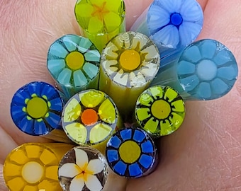 COE 90 Murrini Floral Mix: Blues Greens Yellows - 1.5 oz Cane/Sticks