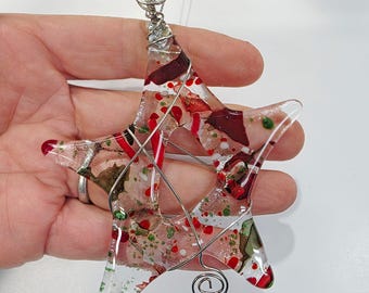 Fused Glass Ornament: Red Green and Clear Glass Star with Silver Wire Wrap