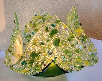 Glassworks Northwest - Murrini Chips Green Votive - Fused Glass Candleholder, Tealight Holder, Romantic Gift