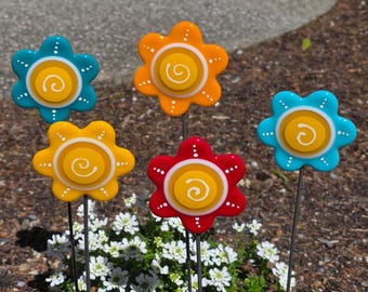 PICK YOUR COLOR Handmade Fused Glass Button Flower Plant Stake