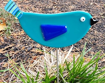 Glassworks Northwest - Peacock Blue Bird with Striped Tail Plant Stake - Fused Glass Garden Art