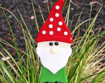 HOLLY Lucky Christmas Garden Gnome Plant Stake - Fused Glass Garden Art