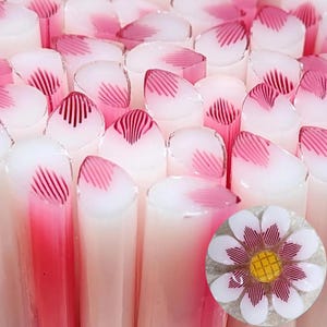 COE 90 Handmade Flower Petal Murrini: "Pink Panther Loves Pink" (1 oz Cane/Sticks) - Opaque White and Transparent Pink - Fusible Glass