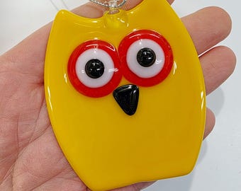 Fused Glass Ornament: Yellow Owl