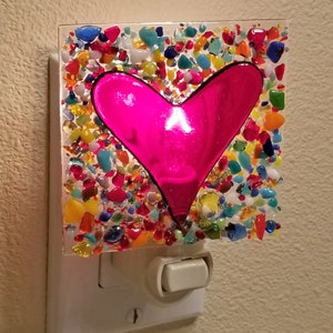 Glassworks Northwest - Heart with Multi-colored Glass Chips Night Light - Fused Glass Art, Crushed Glass, Art Glass, Valentine Gift