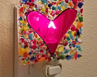 Glassworks Northwest - Heart with Multi-colored Glass Chips Night Light - Fused Glass Art, Crushed Glass, Art Glass, Valentine Gift