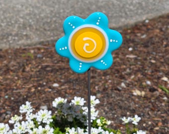 Handmade Fused Glass Flower Plant Stake: Turquoise Button Flower