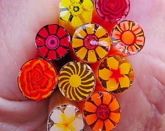 COE 96 Handmade Floral Murrini Mix "Reds Oranges Yellows" | 1.5 oz Cane | Oceanside Compatible Fusible Glass for Fusing, Jewelry, Mosaics