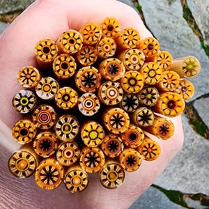 May include: A collection of colorful glass rods with intricate geometric patterns. The rods are arranged in a circular pattern and are held in a hand. The rods are mostly yellow and orange with black and white details.