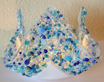 Glassworks Northwest - Gorgeous Blues and White Votive - Fused Glass Candleholder, Tealight Holder, Romantic Gift