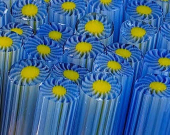 COE 96 Murrini Flower: Dazzling Whirlies Blue - 1 oz Cane/Sticks