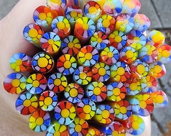 coe 90 Flower: Rainbow Bloom - 1 oz Murrini Murrine Millefiori Vitrigraph Cane - MINZABELLA MURRINI by Glassworks Northwest