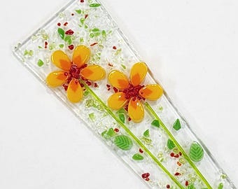 Glassworks Northwest - Yellow Flower Plant Spike - Fused Glass Garden Art, Outdoor Decoration, Planter Glass Decoration