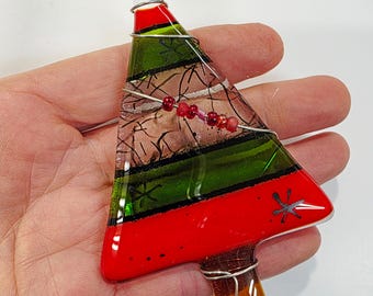 Fused Glass Ornament: Red and Green Stiped Tree with Wire and Bead Wrap