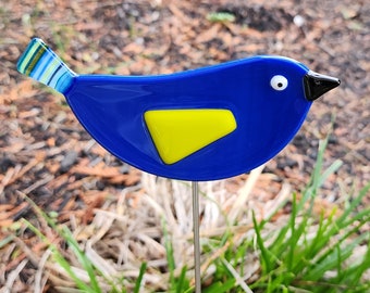 Glassworks Northwest - Blue Bird with Striped Tail Plant Stake - Fused Glass Garden Art