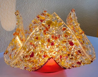 Glassworks Northwest - Murrini Chips Yellow Amber Orange Votive - Fused Glass Candleholder, Tealight Holder, Romantic Gift