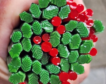 coe 96 Leaf: Holly Berry - 1 oz Murrini Murrine Millefiori Vitrigraph Cane- MINZABELLA MURRINI by Glassworks Northwest